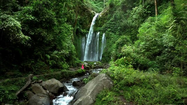 Aerial view of Sendang Gile Waterfall, Senaru Lombok, Indonesia.