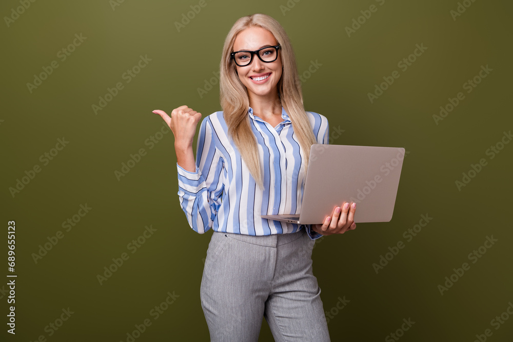 Sticker photo portrait of blonde pretty young girl hold netbook point empty space dressed stylish striped ou