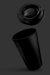 Black cups of coffee mock up on grey background. Template for mockup.