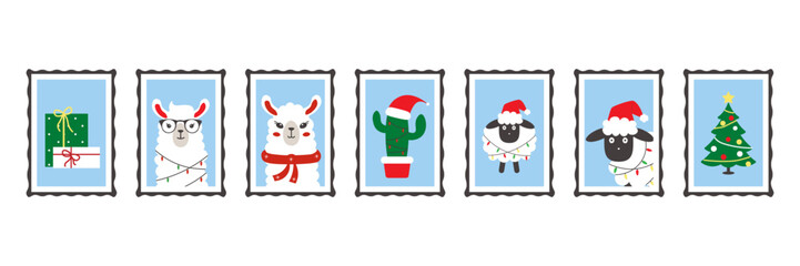 Christmas postage stamps with cute cartoon pictures for envelopes. New Year stickers with a Christmas elements. Vector illustration © Alesia