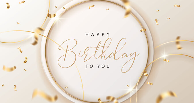 Happy Birthday banner with confetti on beige background. Vector illustration for banner, poster, flyer, greeting card and advertisement.