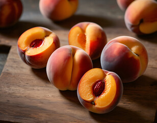 Peaches are on a wooden table. Generative AI