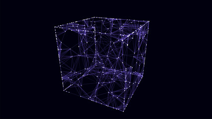 Abstract blue cube on black background. Wireframe square structure with glowing particles and lines. Futuristic digital illustration. Vector illustration.