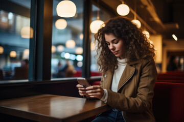 Curly-haired young woman absorbed in her phone at a cozy cafe with ambient lighting.