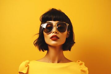 Fashion portrait of a woman wearing the color yellow in front of a yellow wall