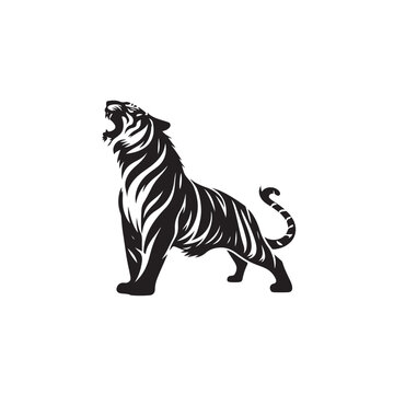Striking Tiger Roaring Silhouette in the Act of Aggressive Confrontation - Black Vector Tiger Roaring Silhouette

