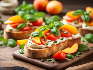 Fototapeta na wymiar Bruschetta topped with tomato and basil, toasted bread with tomato and basil topping, Italian appetizer with tomato and basil on grilled bread, savory bruschetta featuring tomato and basil