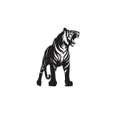 Striking Tiger Roaring Silhouette in the Midst of an Aggressive Charge - Black Vector Tiger Roaring Silhouette
