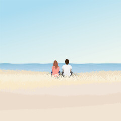 Fototapeta na wymiar Couple of lover sitting on field at coastal and tropical blue sea in autumn season vector illustration. Valentine's day concept flat design.