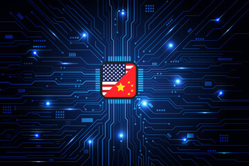 Flag USA and China on Computer Chip . Global chip shortage crisis and China-United States trade war concept. - obrazy, fototapety, plakaty
