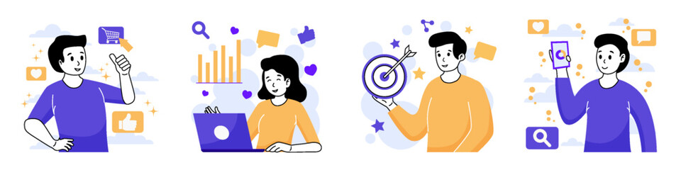 Set of digital marketing character concept with man and woman for illustrations.