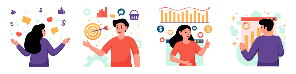 Set of digital marketing character concept with man and woman for illustrations.