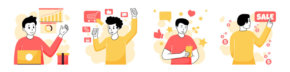 Set of digital marketing character concept with man and woman for illustrations.