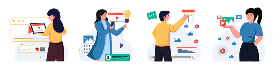 Set of digital marketing character concept with man and woman for illustrations.