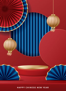 Chinese new year poster for product demonstration. Red pedestal or podium with folding fans and lanterns on red background.