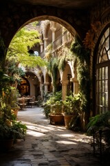 Fototapeta na wymiar Tranquil garden courtyard inside a historic building, Generative AI