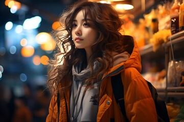 Fototapeta premium A cheerful young woman outdoors in winter