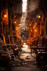 Naklejka premium Vibrant atmosphere of Al-Mutanabbi Street's book market, Generative AI