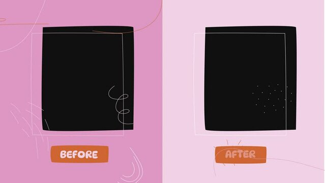 screen divided into two halves with before and after captions in pink and beige colors, with black rectangles for photo and flying figures on the background. Animation template for comparison, 4K qual