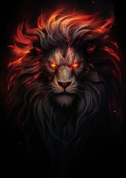 Fantasy image of a ferocious fiery lion. Great for mythology, fantasy, magic and more. 