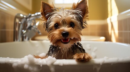 A dog sitting in the bathtub