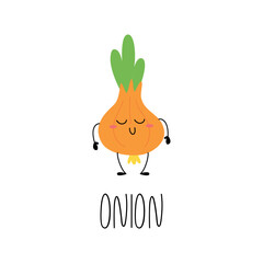 Hand drawn Cute funny onion character for kids. Vegetable card with its name. Vector illustration.