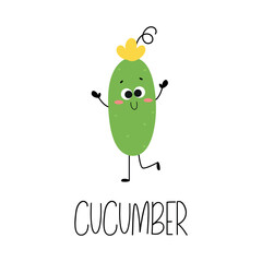Cute cartoon hand drawn cucumber character with name for kids. Vector illustration