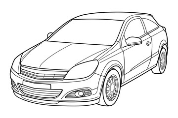 Outline drawing of a classic modern coupe car from front side view. Classic modern style. Vector outline doodle illustration. Design for print or color book.	
