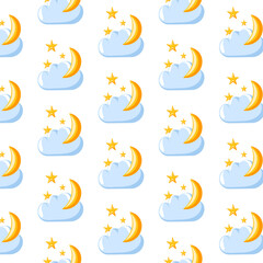 Cloud with moon and stars seamless pattern. Cartoon style. Design for children bedroom, bed linen, packaging. Vector illustration on a white background.