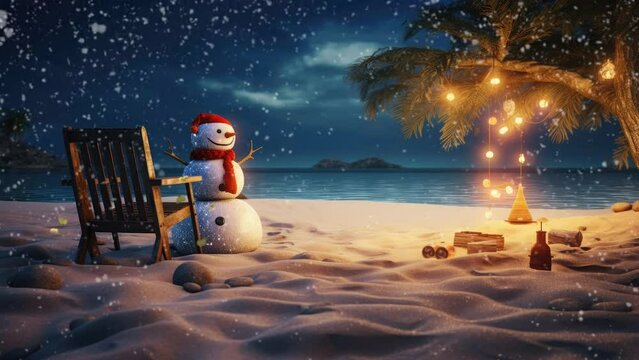 christmas decorations on the beach with a snowman and christmas tree surrounded by snowfall in the night. cartoon style. seamless looping time-lapse virtual video animation background.