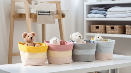 Fototapeta na wymiar Storage Baskets on the table in childrens room
