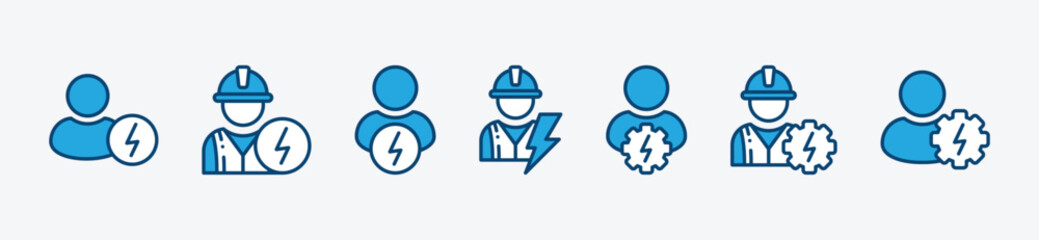 Electrician icon set. Electrical engineer, electric technician, and electrical repairman icons for apps and websites. Vector illustration - obrazy, fototapety, plakaty