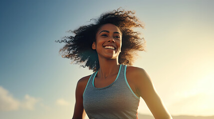Fitness, black woman and happy athlete smile after running, exercise and marathon training workout. - obrazy, fototapety, plakaty