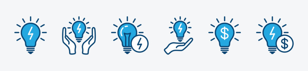 Lamp icon set. Bulb, idea, light bulb, energy saving lamp, and creativity icon in thin line and flat style. Bulb with flash lightning bolt symbol. Vector illustration