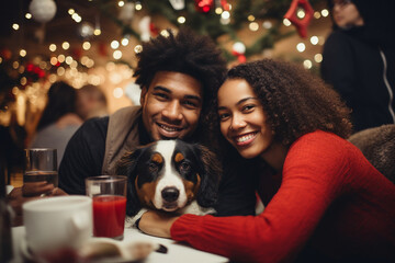 Young family with favorite pet doggy kitten sitting festive christmas table Generative AI - obrazy, fototapety, plakaty