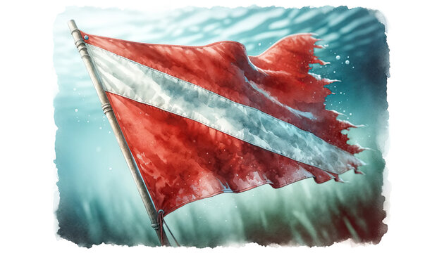 Faded SCUBA Dive Flag below the surface, watercolor