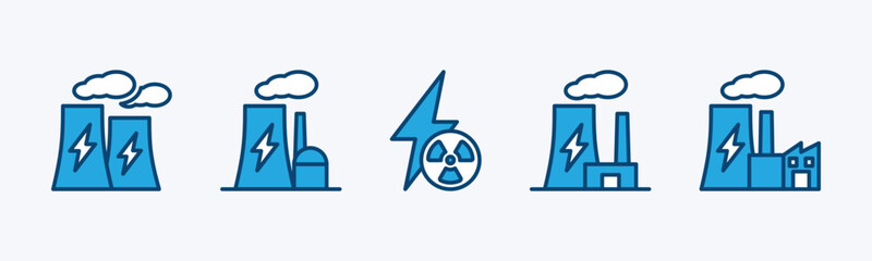 Nuclear power plant icons. Nuclear reactor industrial plant steam chimney sign and symbol. Vector illustration - obrazy, fototapety, plakaty