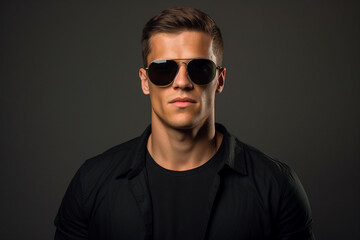 Fototapeta premium Generative ai picture of handsome nice man wear trendy glasses isolated on grey color background