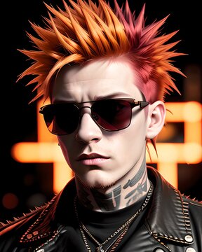 Portrait image featuring a cool gen z punk guy with a retro punk style wearing sunglasses and colorful spiky hair. Bad boy techno punk rocker style. Man with fire red hair