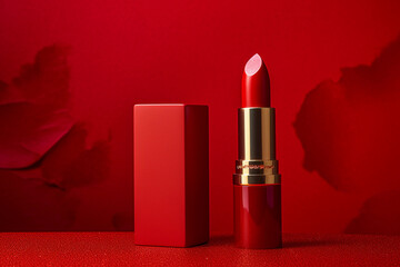 Red lipstick on a red background - obrazy, fototapety, plakaty