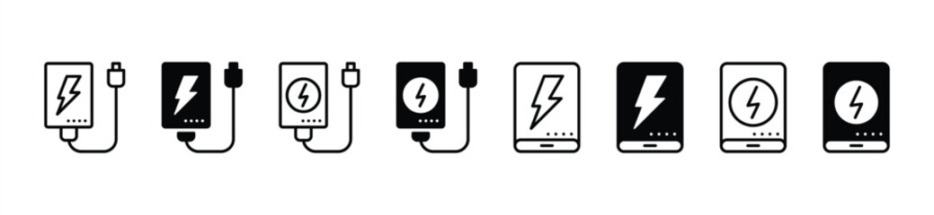 Power bank icon set. Smartphone powerbank charger. Portable charger icon symbol. Vector illustration