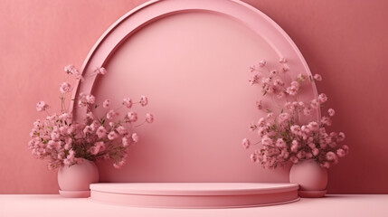 Textured arch with podium and flowers on a pink background
