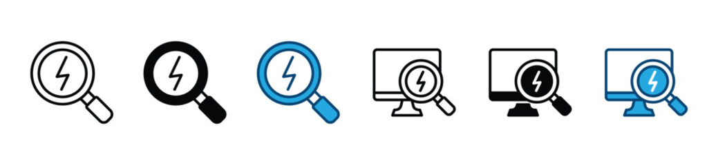Electricity energy search icon. Search magnifier flash lightning bolt icon symbol. Vector illustration