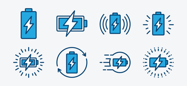 Charging icon set. Battery charge, charger, recharge icons symbol. Rechargeable battery and fast charging. Wireless charger. Vector illustration