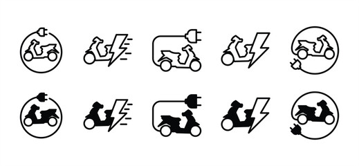 Electric motorcycle thin line icon set. Electric vehicle icon. Electric motorbike charging cable and plug. Vector illustration