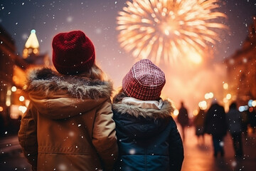 AI generated image of funny children watching and wondering first new year fireworks