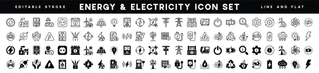 Green energy in thin line and flat icons. Electricity icon set. Power related icon. Icons for renewable energy, ecology, green technology. Vector illustration - obrazy, fototapety, plakaty