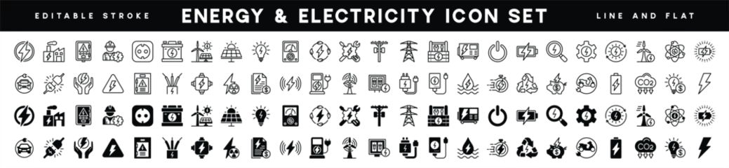 Fotobehang Green energy in thin line and flat icons. Electricity icon set. Power related icon. Icons for renewable energy, ecology, green technology. Vector illustration © Vilogsign