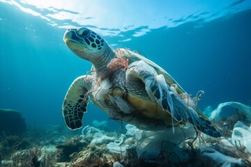 Underwater animal a turtle eating plastic bag, Water Environmental Pollution Problem  - obrazy, fototapety, plakaty