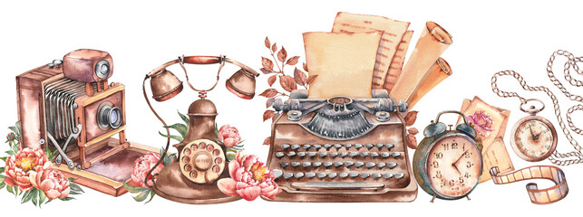 Retro objects with old paper scrolls and flowers. Watercolor illustration. Panoramic horizontal border. - 689661727